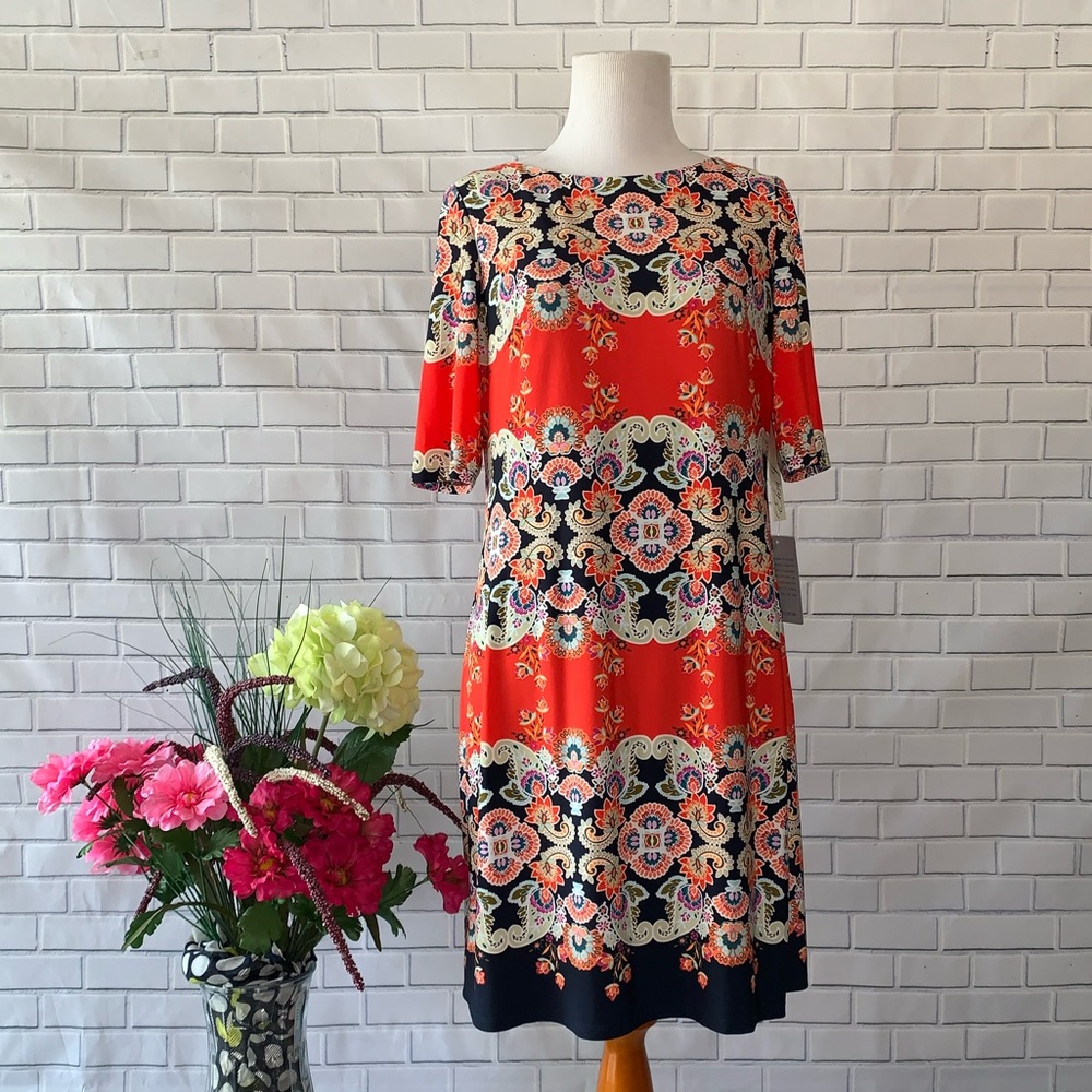 ELIZA J Print Bateau Neck Shift Minidress In Poppy